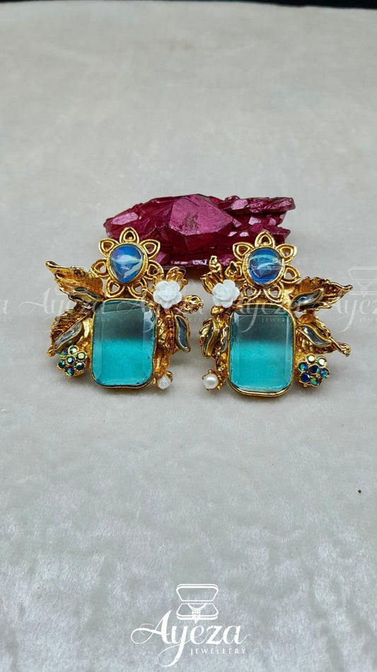 Aqua Floral Studs || Jewellery By Ayeza